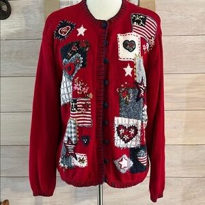 Heirloom Collection Vintage Women's Red Patchwork Cardigan Sweater L